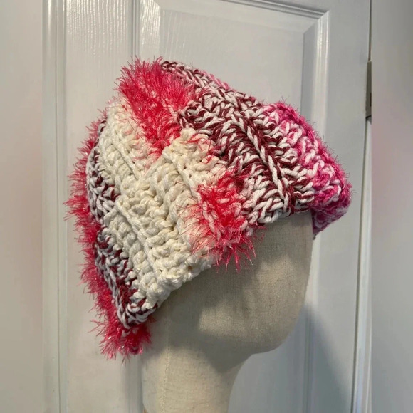 Handmade Crochet Chunky Ribbed Upcycled Multi Fiber Scrappy Yarn Beanie Hat D36 - Picture 1 of 5